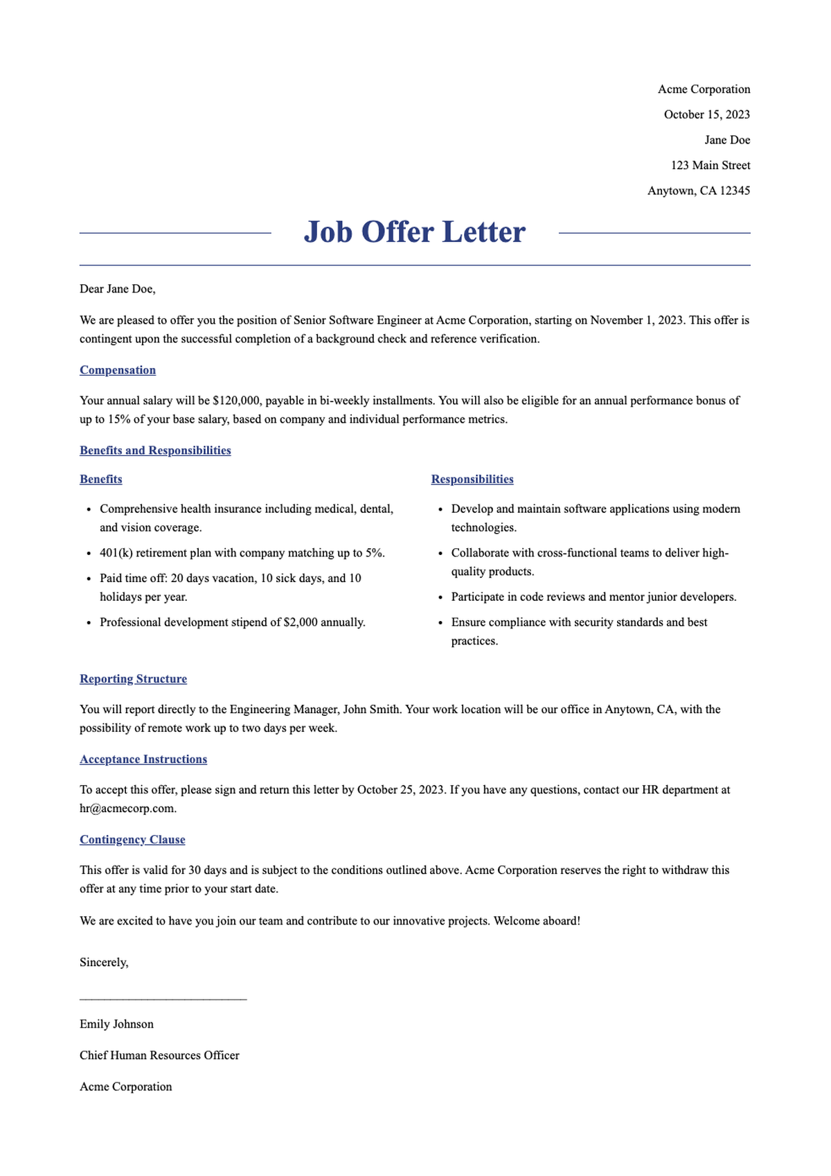 Professional job offer letter template with placeholders_variant_2